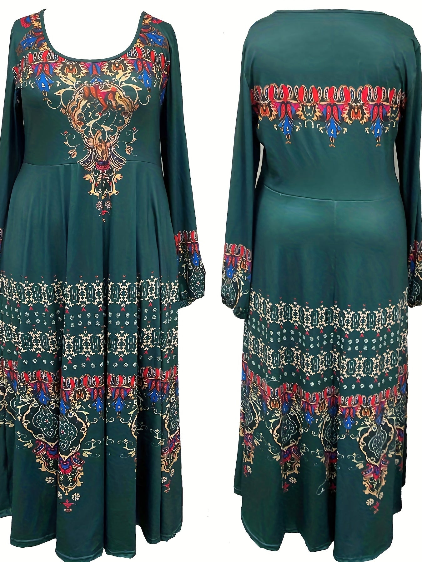 Boho Dress Women's Plus Tribal Print Long Sleeve Scoop Neck Medium Str