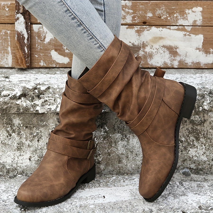 Women's Buckle Strap Chunky Heel Cowboy Boots