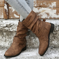 Women's Buckle Strap Chunky Heel Cowboy Boots