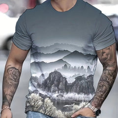 Mountain Print T shirt Men's Casual Street Style Stretch Tee Shirt