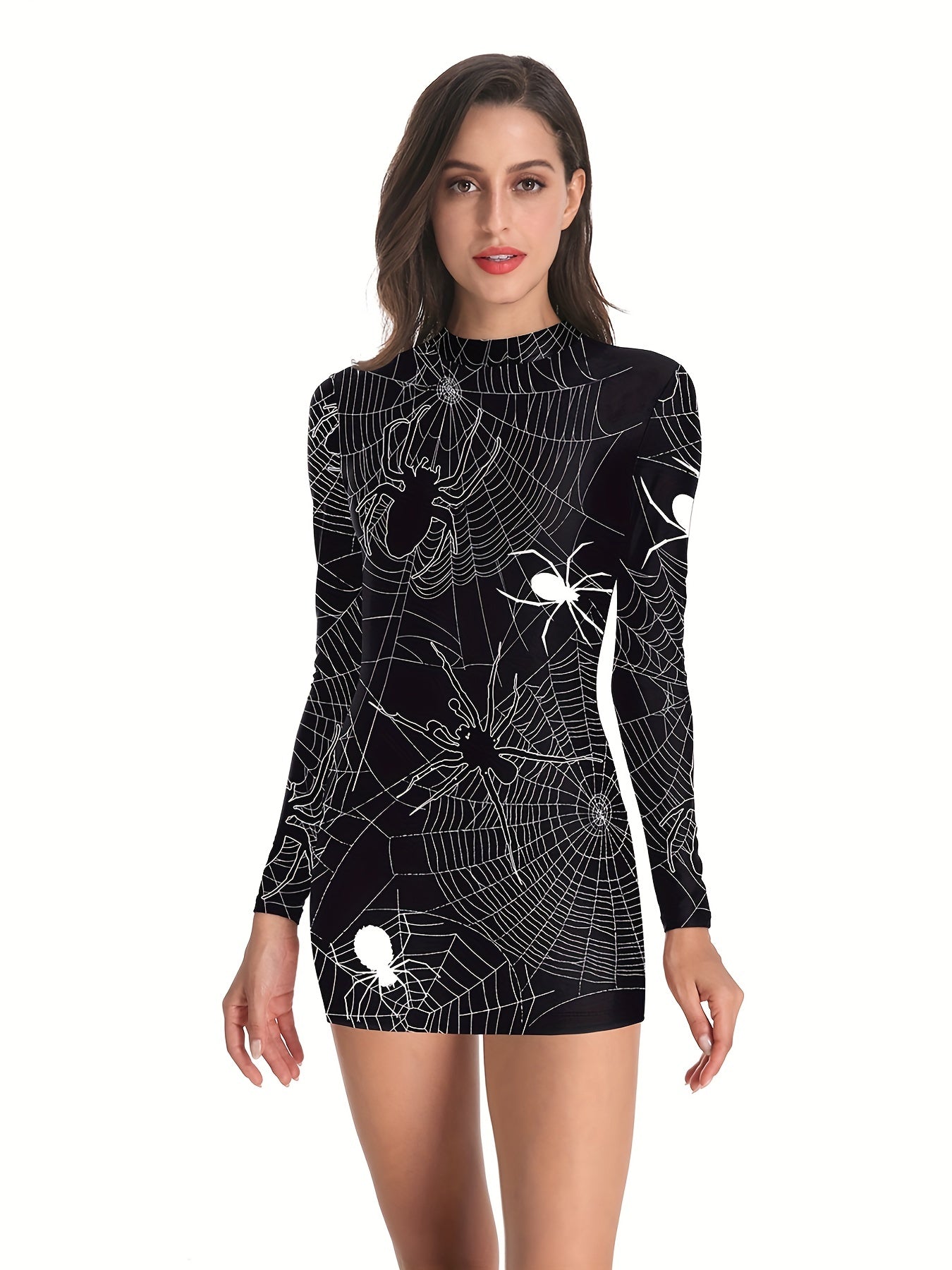 Skeleton & Floral Print Slim Dress Casual Mock Neck Dress