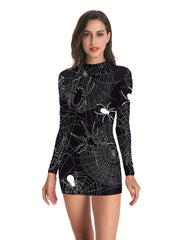 Skeleton & Floral Print Slim Dress Casual Mock Neck Dress