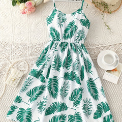 Girls Tropical Leaves Print Summer Dress Elastic Waist A-line Swing Sundress
