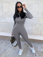Solid Turtleneck Long Sleeve Jumpsuit Skinny Casual Long Length Women's Clothing