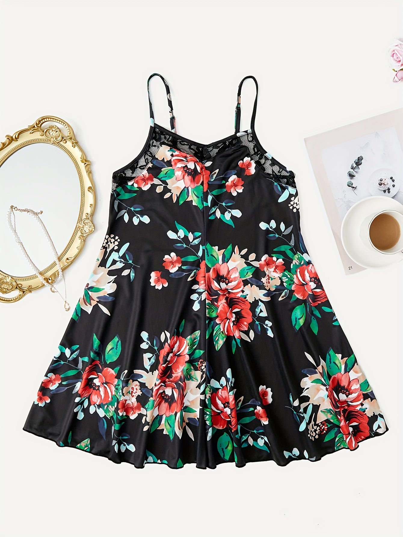 Floral Print Lace Nightdress Spaghetti Strap Sleep Dress