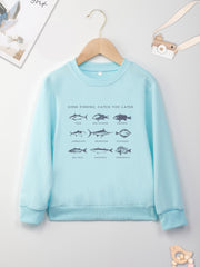 Fish Print Boys Casual Pullover Sweatshirt Long Sleeve Crew Neck Tops
