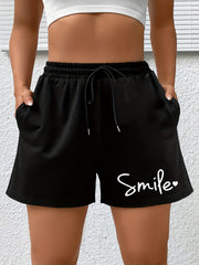 Plus Size Women's Letter Print Sports Shorts with Pockets