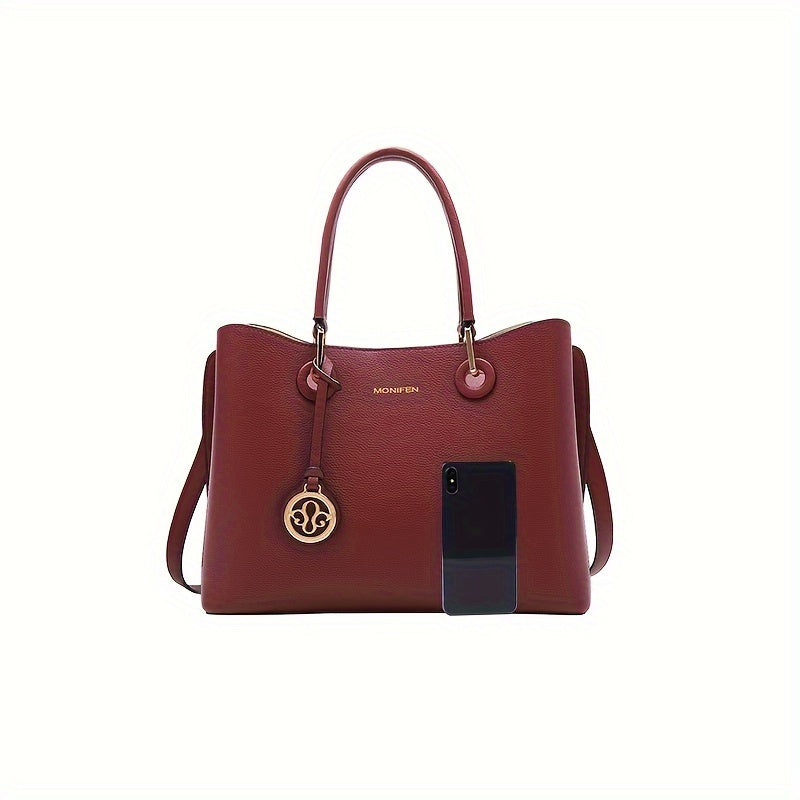 Women's Burgundy Tote Bag Golden Tone Hardware Zipper Closure