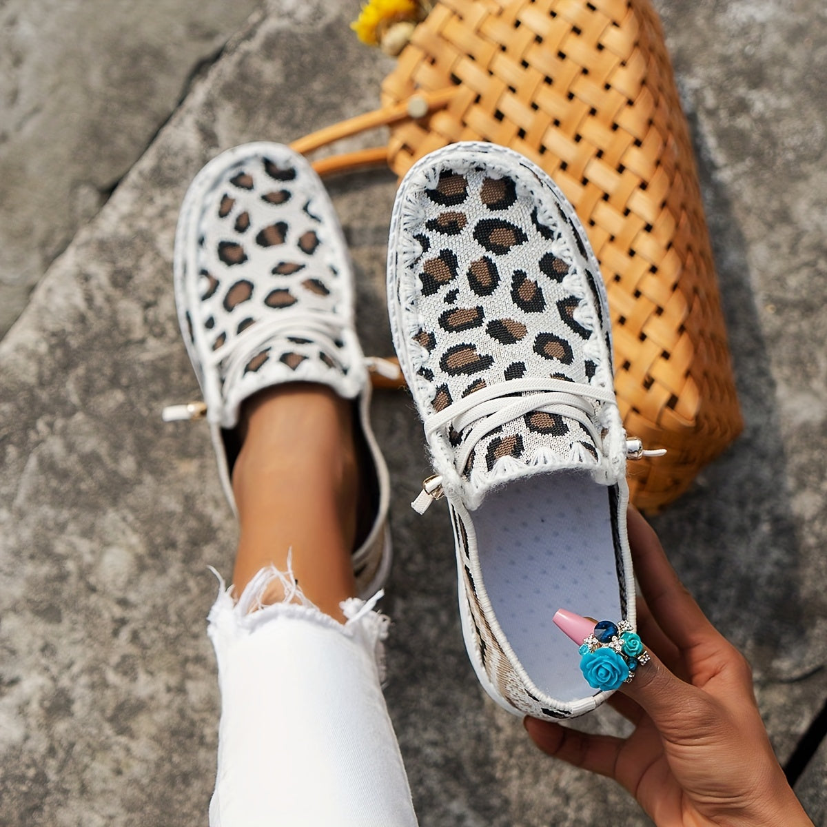 Leopard Print Lace Up Flat Boat Shoes for Women