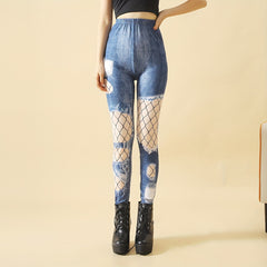 Denim Print High Waist Slim Pantyhose Women's Stockings