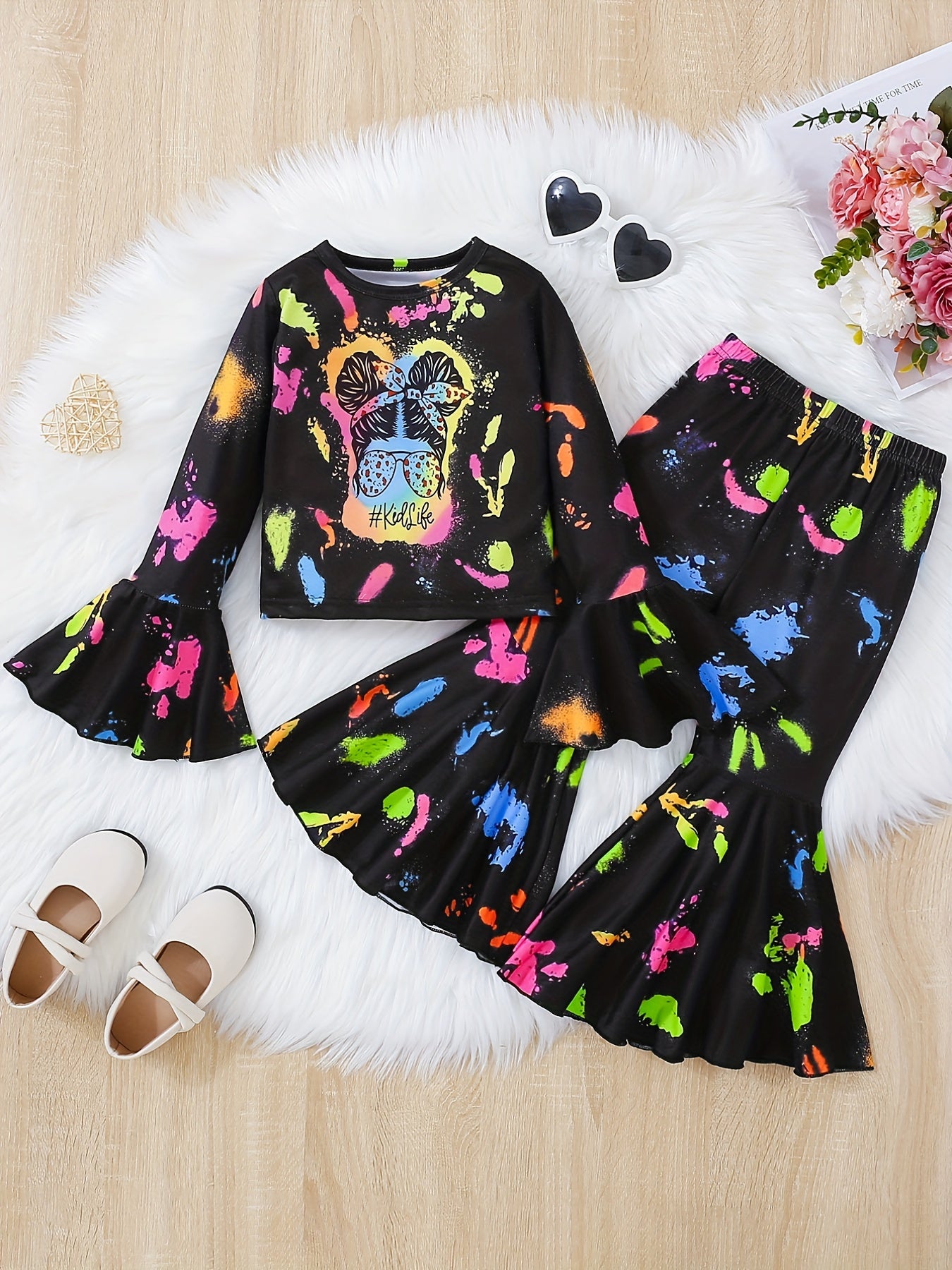 Girl's Trumpet Sleeve Top & Flared Pants Set Colorful Paint Print Outfits