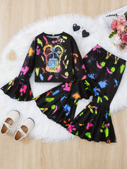 Girl's Trumpet Sleeve Top & Flared Pants Set Colorful Paint Print Outfits