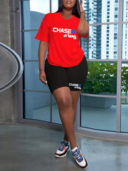 Casual 2 Piece Set Women's Plus Letter Print Crew Neck Tee & Shorts