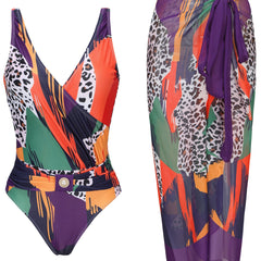 Animal Print Swimsuit Set with Cover Up Skirt