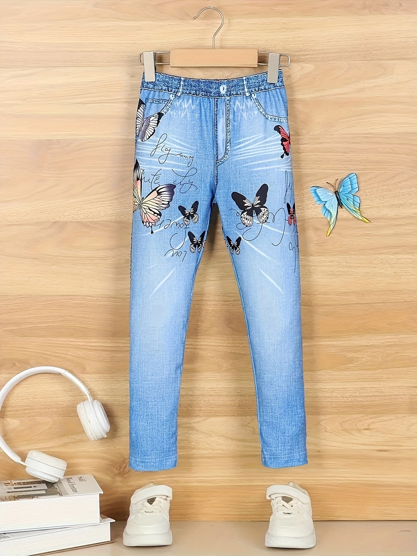 Butterfly Print Denim Leggings for Girls