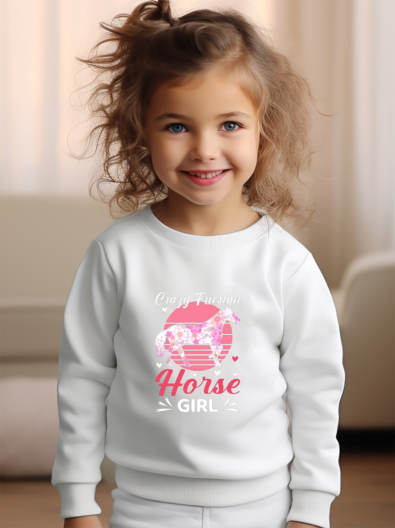 Girls Horse Pattern Crew Neck Sweatshirt For Spring Fall Christmas Gift