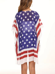Flag Print Cover Up Shirt V Neck Loose Fit Semi Sheer Casual Beachwear