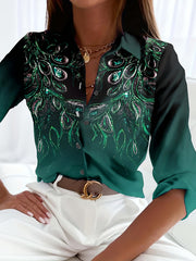 Peacock Print Ombre Button Up Long Sleeve Lapel Collar Shirt Top