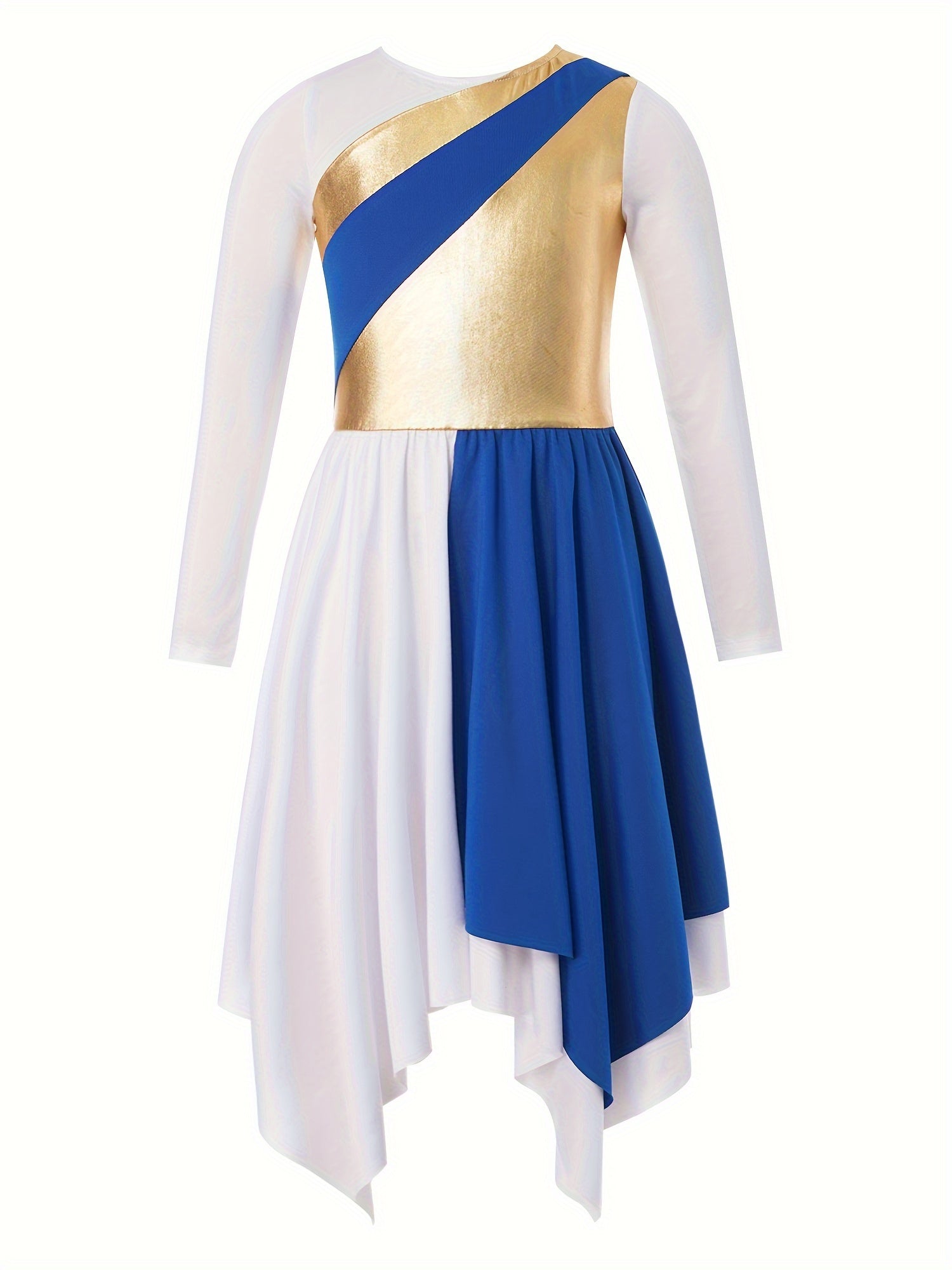 Girls Splicing Crew Neck Long Sleeve Dance Dress