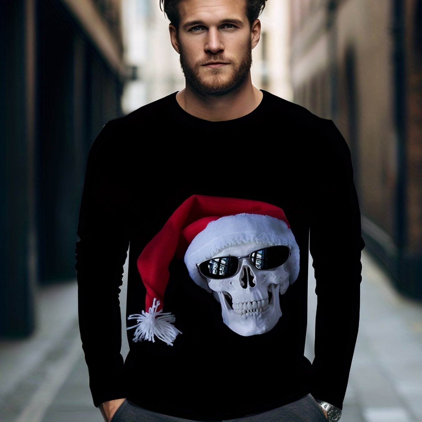 Skull Christmas Hat Print Men's Long Sleeve Graphic Tee