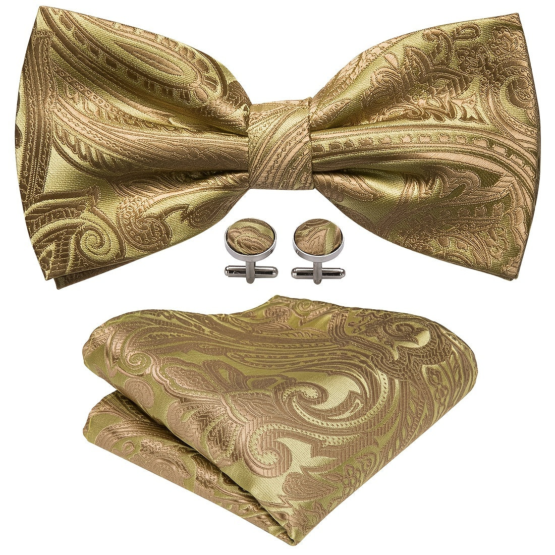 Barry Wang Golden Paisley Bow Tie Classic Pre Tied Adjustable Cravat Set