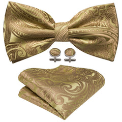 Barry Wang Golden Paisley Bow Tie Classic Pre Tied Adjustable Cravat Set