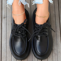 Women's Chunky Heel Loafers Lace Up Faux Leather Comfortable Walking Shoes