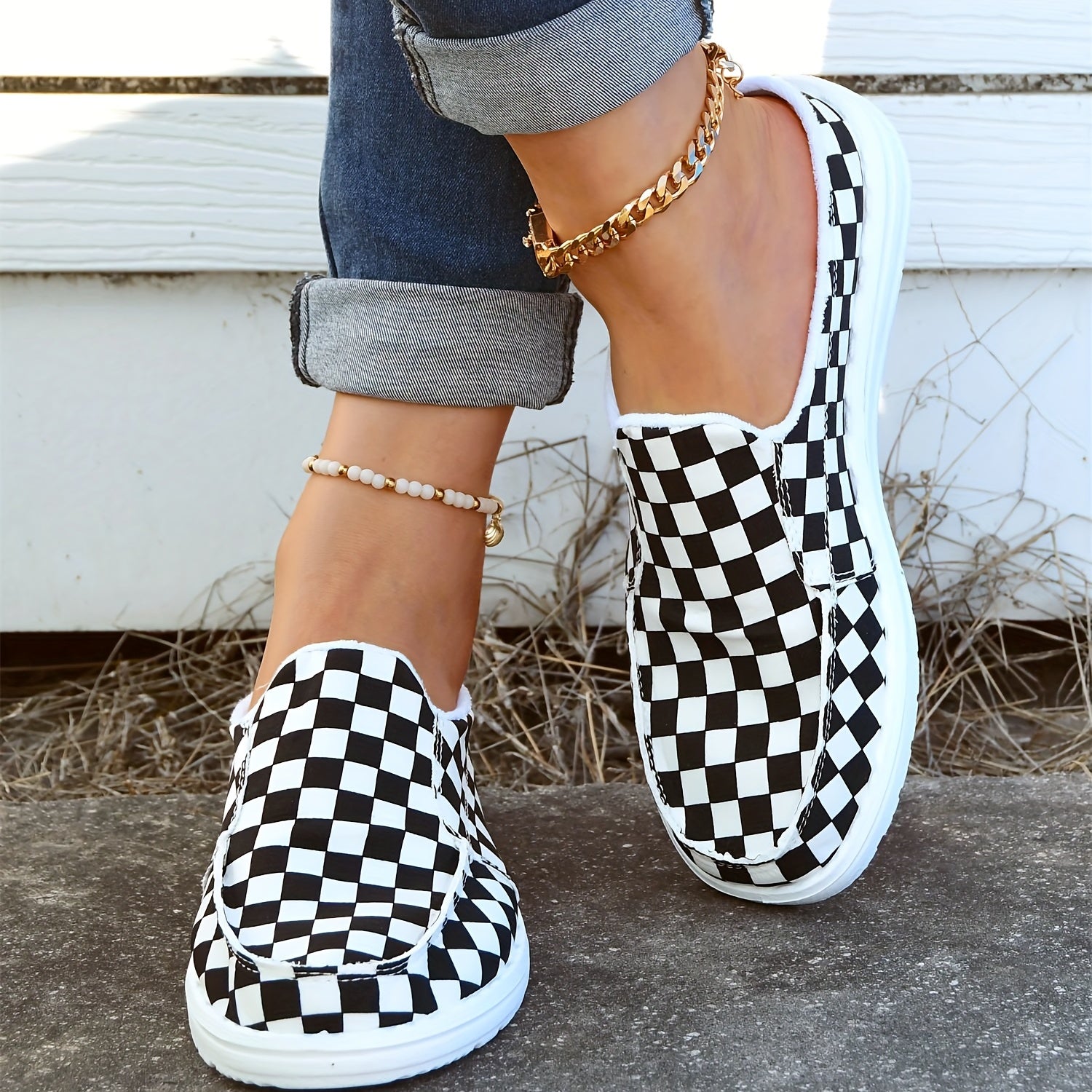 Women's Checkerboard Pattern Mules Slip On Platform Flat Shoes