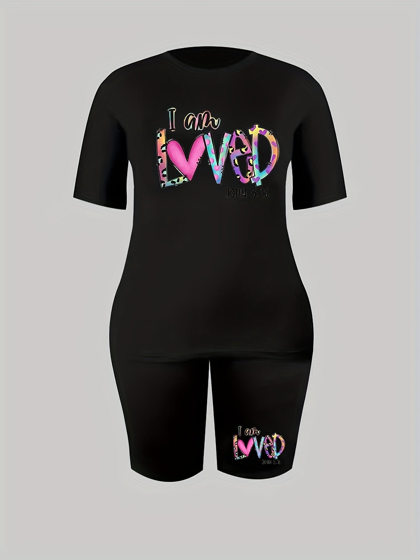 Heart & Slogan Print Top & Shorts Set