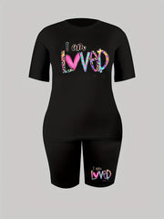 Heart & Slogan Print Top & Shorts Set