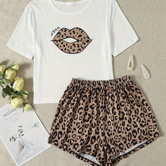 Leopard Print Pajamas Set Short Sleeve Top & Shorts Sleepwear Loungewear