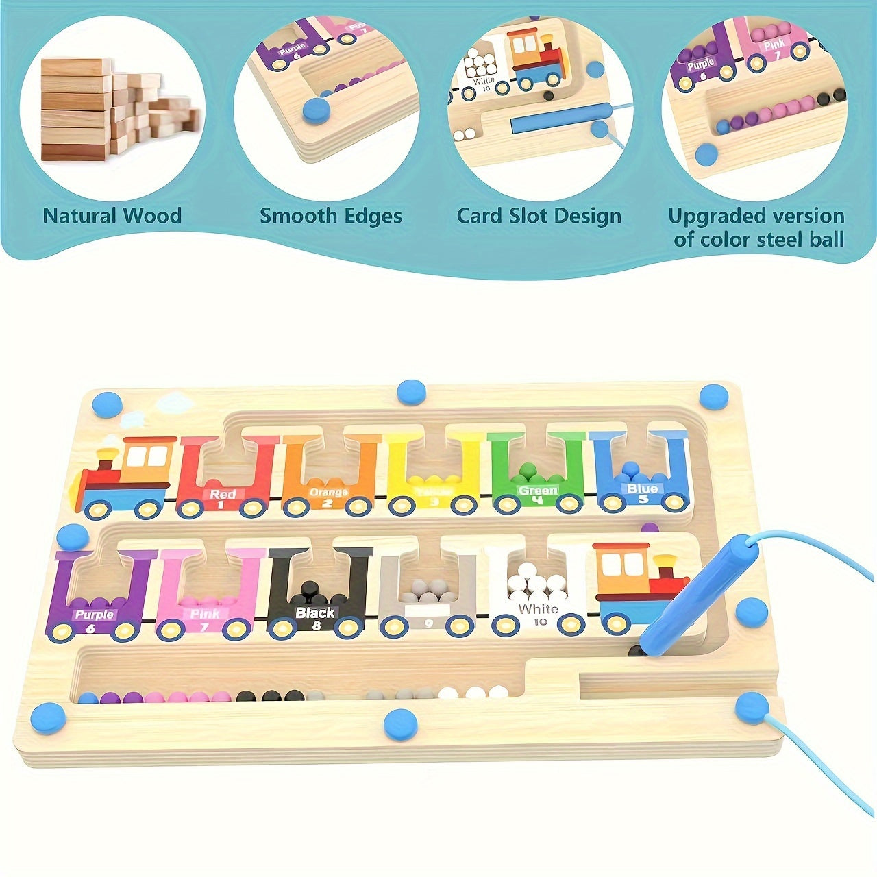 Wooden Train Maze Toy & Number Sorting Puzzle - Enhances Fine Motor Skills