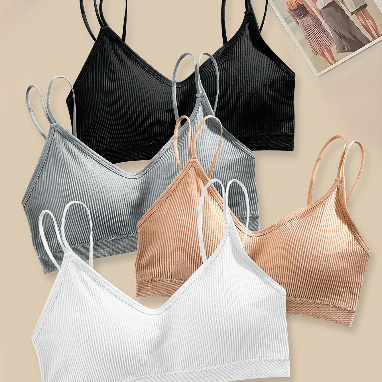 4pcs Solid Ribbed Wireless Bras Double Straps Women's Lingerie
