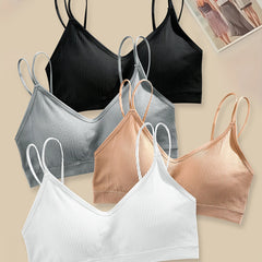4pcs Solid Ribbed Wireless Bras Double Straps Women's Lingerie