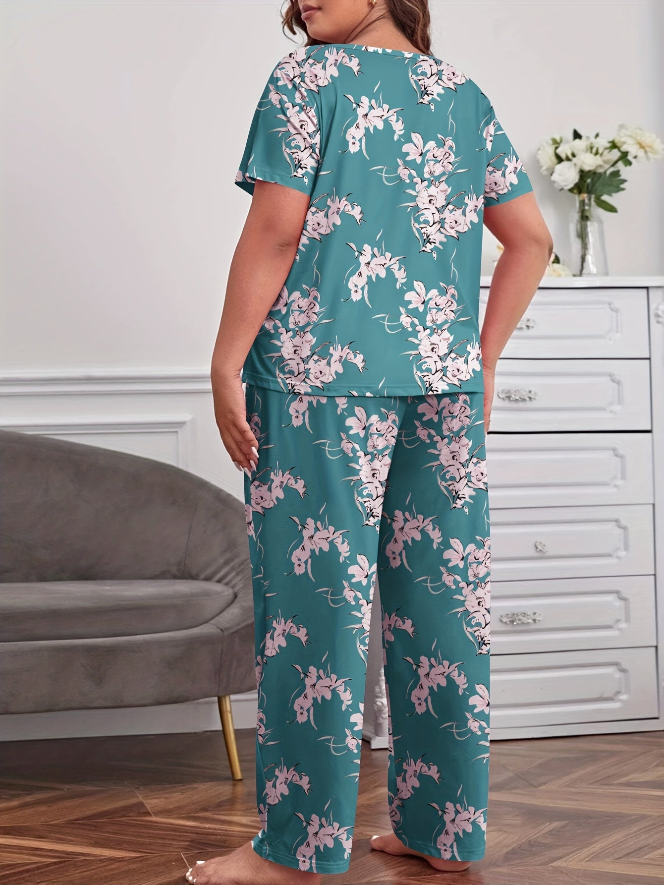 Floral Print Pajama Set Short Sleeve Tee & Pants Loungewear