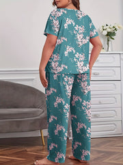 Floral Print Pajama Set Short Sleeve Tee & Pants Loungewear