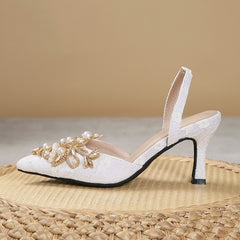 Pearl & Rhinestone High Heels Pointed Toe Slingback Pumps