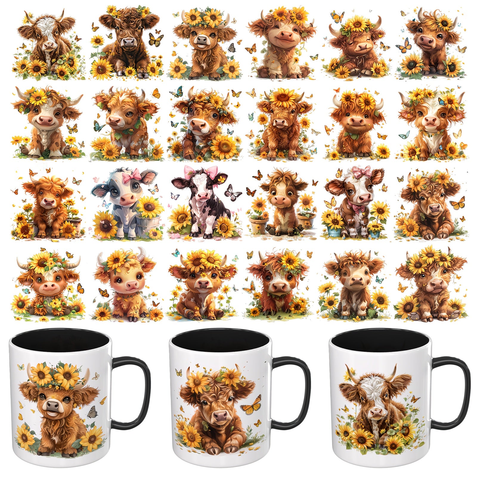 24pcs Sunflower Highland Cows UV DTF Wraps Stickers for Mugs, Glass & Ceramic