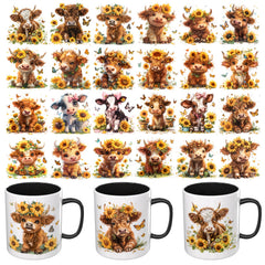 24pcs Sunflower Highland Cows UV DTF Wraps Stickers for Mugs, Glass & Ceramic