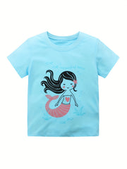 Breathable Mermaid Print T Shirt for Girls Crew Neck Casual Top for Kids