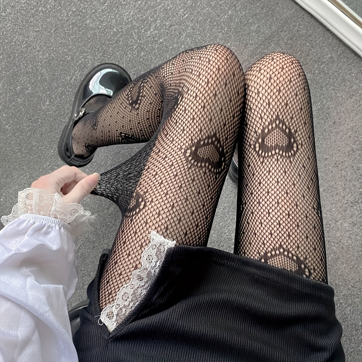 Heart Print Fishnet Tights Sexy High Waist Mesh Pantyhose