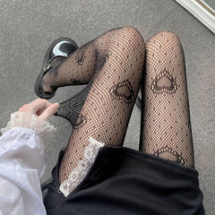 Heart Print Fishnet Tights Sexy High Waist Mesh Pantyhose