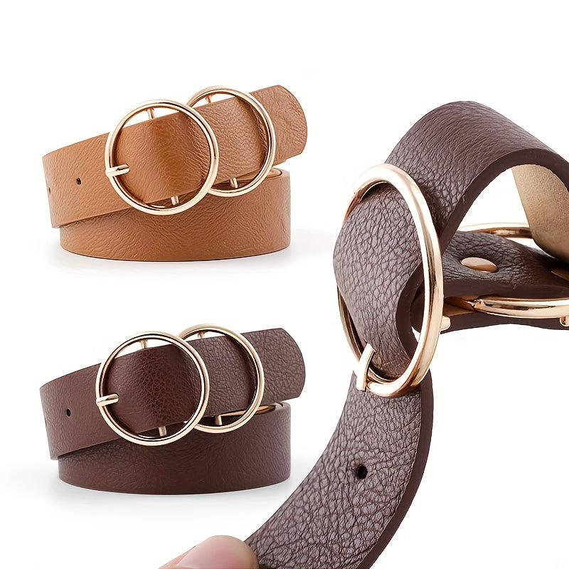 Double Ring Buckle Vintage Belt Solid PU Leather Waistband for Women