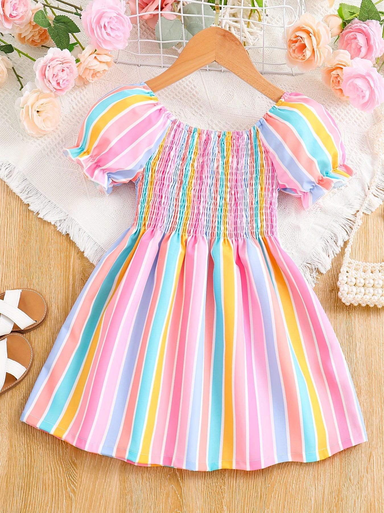 Girls Short Bubble Sleeve Block Shirred Dress Kids Summer Clothes
