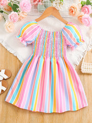 Girls Short Bubble Sleeve Block Shirred Dress Kids Summer Clothes