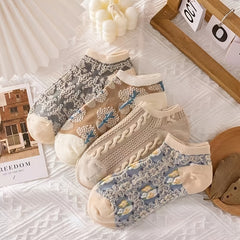 5 Pairs 3D Floral Textured Socks Retro Ethnic Style Low Cut Ankle Socks