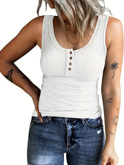 Ribbed Button Front Tank Top Sleeveless Crew Neck Casual Summer Women's Clothing