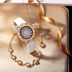 Student Flower Plate Rhinestone Quartz Watch And 5pcs Jewelry Set