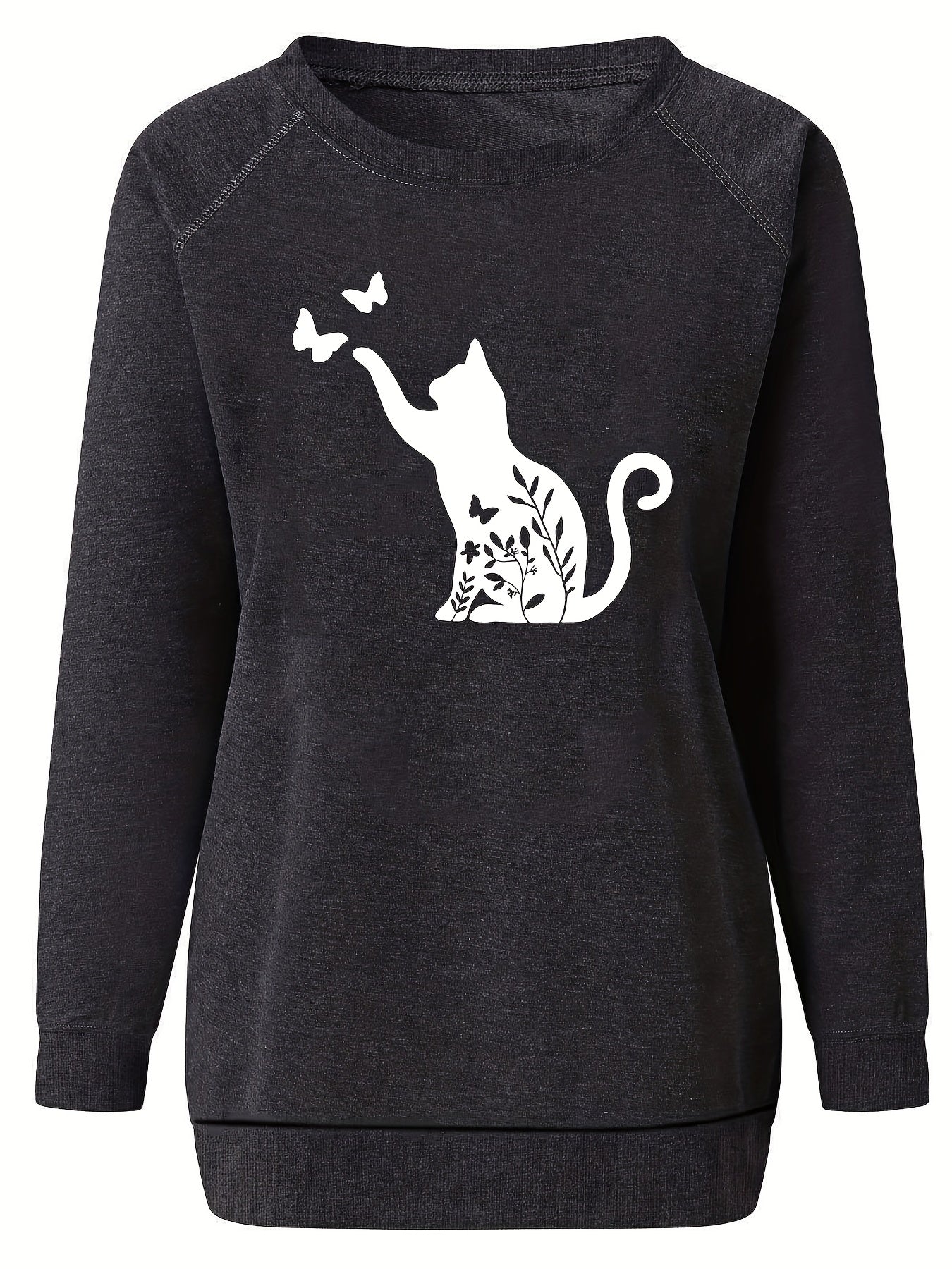 Cat & Butterfly Print Sweatshirt Long Sleeve Casual Sweatshirt Women's Clothing