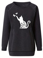 Cat & Butterfly Print Sweatshirt Long Sleeve Casual Sweatshirt Women's Clothing
